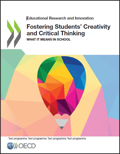 Cover of OECD report titled 'Fostering Students' Creativity and Critical Thinking: What It Means in School'. Features a colorful geometric hot air balloon on a pastel polygon background, with OECD logo and placeholder text at the bottom